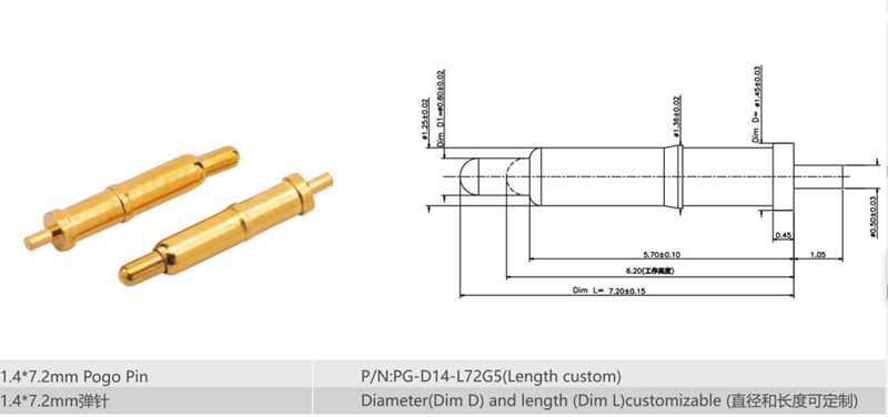 Pogo pin 1.4*7.2mm spring loaded connector