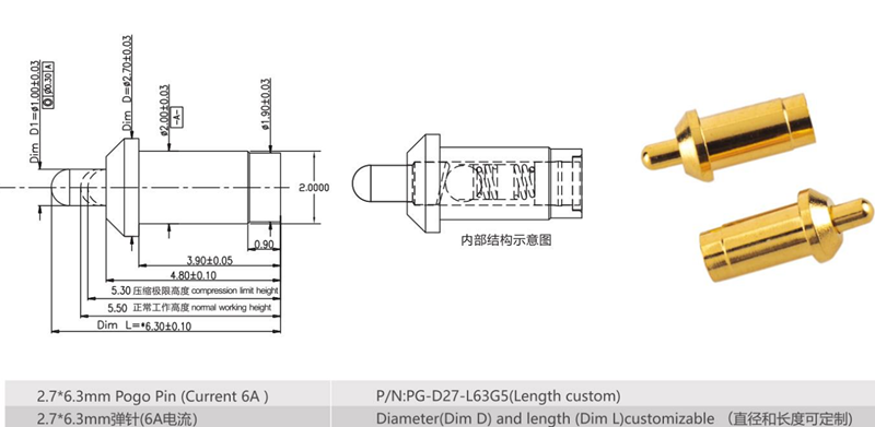 Pogo pin 2.7*6.3mm spring loaded connector Current 6A