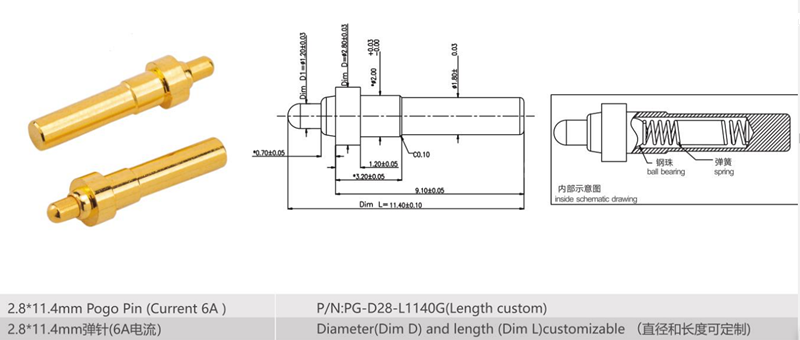 Pogo pin 2.8*11.4mm spring loaded connector Current 6A